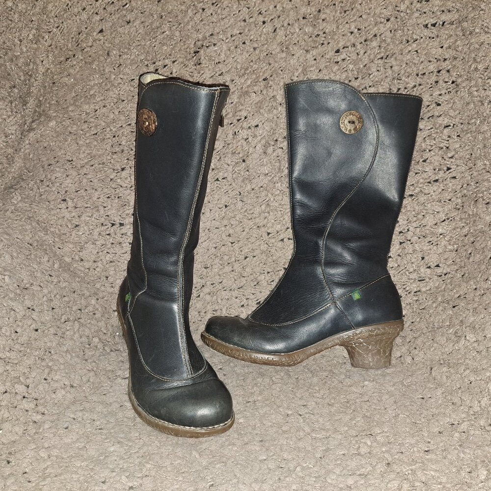 El Naturalista Black Leather Mid-Calf Heel Boots with Brown Soles